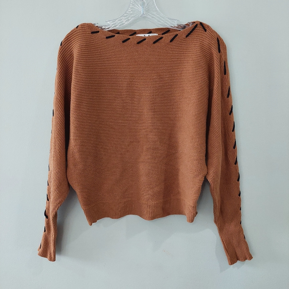 M Magaschoni Sweater Medium Brown black threaded detail boat neck long sleeve
